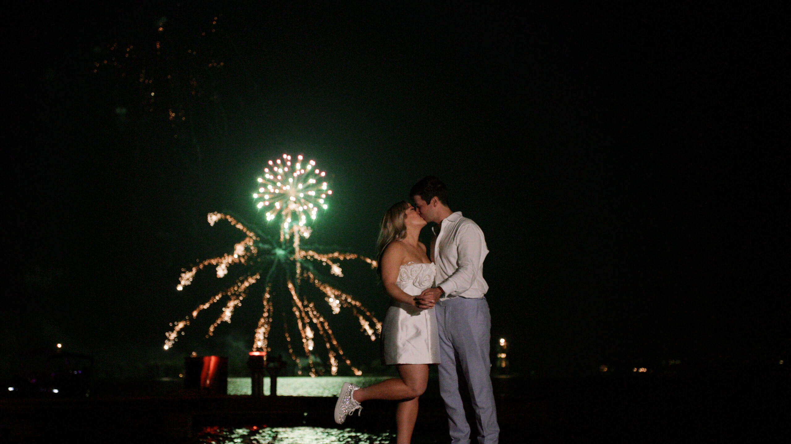 conly and josh wedding at horseshoe bay resort fireworks over lake LBJ